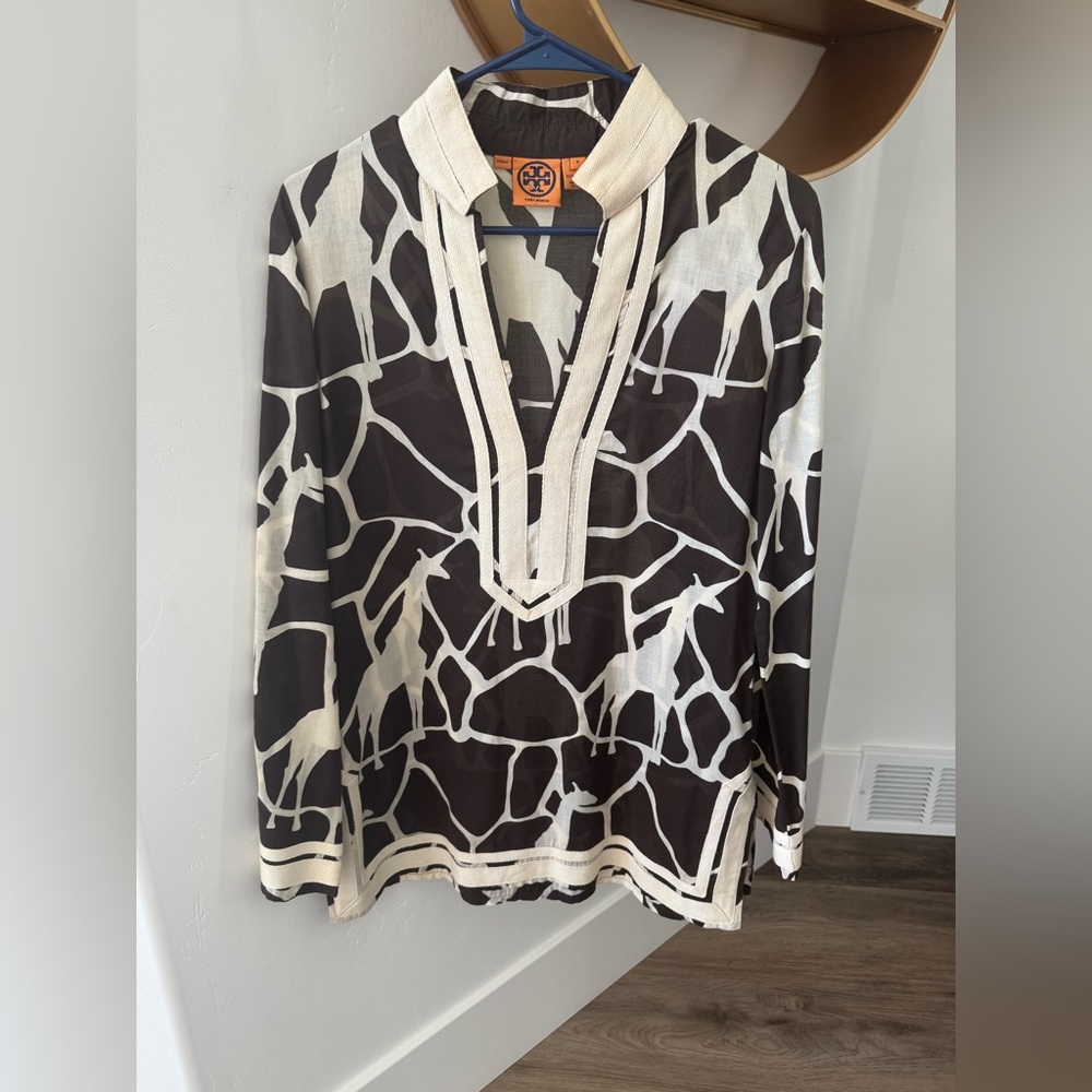 Tory Burch Brown and off-white Graphic Long Sleeve Tunic